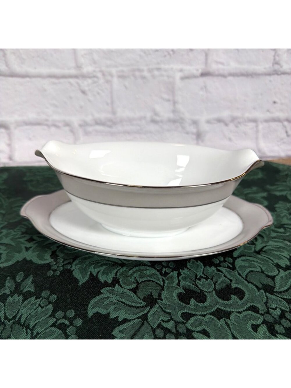 VTG Sango Platina 9in Gravy Sauce Boat Attached Underplate White Platinum Japan - Picture 6 of 14
